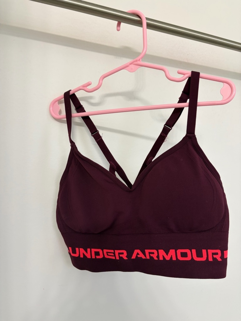Under Armour Women's Deep Burgundy Sports Bra with Coral Logo Band - Picture 2 of 5